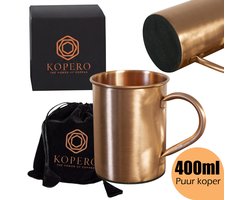 Kopero Premium Koperen Mok - Glad - 400ml - Puur Koper - Met Fluwelen Draagzak - Met Filten Onderkant - Met Draaghendel - Handgemaakt - Koperen Fles - Koperen Beker - Koperen Drinkbeker - Ayurveda