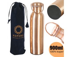 Kopero Premium Koperen Waterfles Glad - 900ml - 100% Puur Koper - Met Fluwelen Draagzak - Met Filten Onderkant - Met Draaghendel - Handgemaakt - Koperen Fles - Koperen Drinkfles - Ayurveda