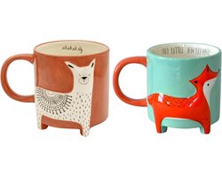 Kopjes Set - Thee Mokken - Dierenliefhebbers Genieten - Handgeschilderd Design - 450 ml - Vos en Lama