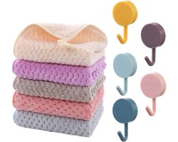 Koraal Fluweel Handdoeken - Zachte Doeken - Dagelijkse Reiniging - Inclusief Haken - 5 Stuks - Multicolor
