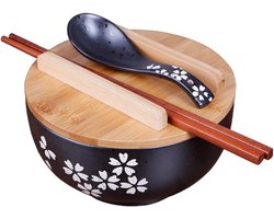 Koreaanse Vintage Keramische Noedelkom met Deksel en Bestek