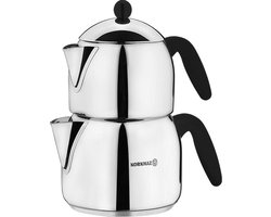 Korkmaz Orbit Maxi Theepot- Roestvrijstalen Dubbele Theepotset met Bakeliet Handgrepen - Turkse Waterkoker Samovar voor losse thee- Verjaardag - Bruiloft - Thanksgiving - Turkse Staal Theepot 1,2 - 2 Liter