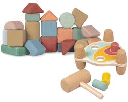 KORKO - Set van 1 doos met 20 bouwstenen met 1 omkeerbare kurken hamerbank voor baby's
