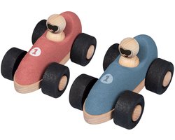 KORKO - Set van 2 kurken raceauto's voor baby's - Blauw en rood - Vanaf 18 maanden