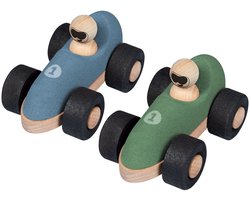 KORKO - Set van 2 kurken raceauto's voor baby's - Groen en blauw