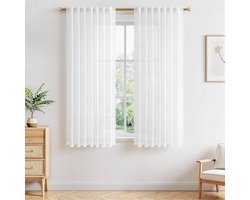 Korte witte vitrage gordijnen - modern - set van 2 - linnenlook - 145x140 cm