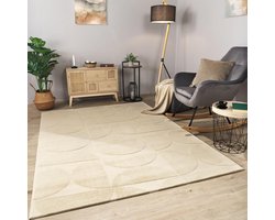 Kortpolig Vloerkleed - Geometric Scandi - Woonkamer Inrichting - Onderkant Geschikt Verwarming - 200x280cm - Beige Cream Taupe