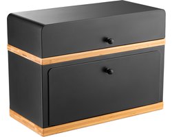 Kos Design - Broodtrommel - Zwart - Bamboe en Staal - Brooddoos met Snijplank - Rechthoekig - 2 Laags - Zwart - 27,5x37,7x17,8 cm