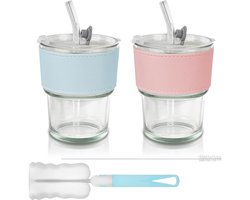 Koude koffiemokkenset - duurzaam glas - 380 ml - met rietje en leren hoes