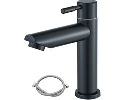 Koudwaterkraan, zwart, voor gastentoilet met uitloop, koudwaterkraan, badkamer, zwart, wastafelarmatuur alleen koud water met reserve-bubbler en aansluitslang