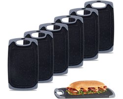 KPYTO kleine ontbijtplanken, set van 6, 25 x 15 cm, snijplankenset, dubbelzijdig, antislip met sapgoot, zwarte planken met grijze rand, planken, snackplank
