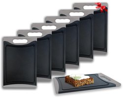 KPYTO rechthoekige ontbijtplanken, set van 6 + 1 plank gratis, 25 x 16,5 cm, snijplankenset, dubbelzijdig, antislip met sapgoot, zwarte planken met grijze rand, snackplank