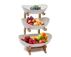 K&R Ventures® Fruitschaal – 3 Laags Fruitmand & Serveertoren – Hout & Keramiek Stijl – Witte Groentemand – Decoratieve Opberger voor Keuken & Woonkamer
