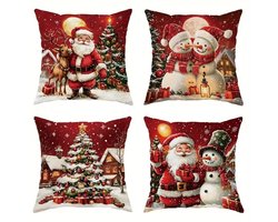 K&R Ventures® Kerst Kussenhoezen – Set van 4 Stuks – Fluwelen Kussenslopen 45x45 cm – Rood & Wit – Santa Claus, Rendier, Boom & Sneeuwpop – Zachte Kerstdecoratie voor Bank, Woonkamer & Slaapkamer (zonder inlegkussen)