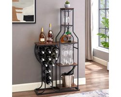 K&R Ventures® Wijnkast Vrijstaand met Glashouder – Industrieel Wijnrek van Metaal & Hout – Staand Wijnrek met Flessenhouders & Glazenrek – dubbele uitvoering – Wijnkast voor Keuken of Woonkamer – Zwart