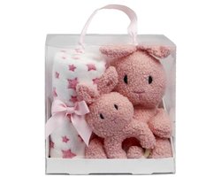 Kraam cadeau baby meisje – Baby geschenkset Konijn – Roze knuffel, bijtring en babydeken 90x75 cm – Baby cadeau – Babyshower geschenk in luxe verpakking