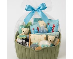 Kraamcadeau Baby Boy- Luxe Kraammand- Complete Baby & Mama Verzorgingsmand- 19 delige Giftset- Premium Maternity Basket