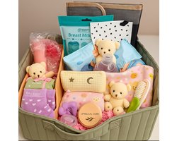 Kraamcadeau Baby Girl - Luxe Kraammand- Complete Baby & Mama Verzorgingsmand- 19 delige Giftset- Premium Maternity Basket
