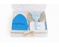 Kraamcadeau Jongen origineel – Baby Giftset in Brievenbus- Mutsje, slap stoer, romper/body & Tutpop Olifant - Perfect Babyshower & Gender Reveal Cadeau