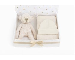 Kraamcadeau voor Jongen of meisje UNISEX– Babyshower Cadeau & Gender Reveal Gift Box – Baby Cadeau Set - Mutsje, Slab, Knuffel slinger hang aapje beige