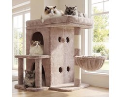 Krabpaal met twee slaaphuisjes en groot uitkijkplatform - Kattenmeubel met sisal zuil en speelballen