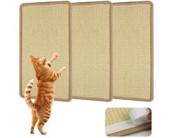 Krabplanken, 3 stuks, sisal, krabmat, kattenwand, 40 x 20 cm, duurzaam, zelfklevend, sisalmat voor katten, beschermt meubels, banken en tapijten (beige)