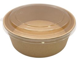 Kraft saladebowls 1300ml-papieren saladecbakjes-100 Stuks Kartonnen Saladebakjes met RPET deksel - 1300 ml Kraft Salade bowl - pokébowl - saladebakken met deksel - 1300cc - bruin bakje - Ronde saladeschaal met deksel - 1300ml - takeaway bakjes