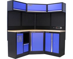 Kraftmeister werkplaatsinrichting - Werkbank met 3 wandkasten en multiplex werkblad - Werktafel met 2 opbergkasten, 1 prullenbak en gereedschapswand - Complete set voor werkplaats of garage - Blauw
