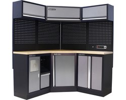 Kraftmeister werkplaatsinrichting - Werkbank met 3 wandkasten en multiplex werkblad - Werktafel met 2 opbergkasten, 1 prullenbak en gereedschapswand - Complete set voor werkplaats of garage - Grijs