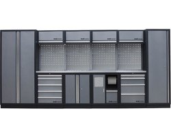Kraftmeister werkplaatsinrichting - Werkbank met 4 wandkasten, 2 werkplaatskasten en RVS werkblad - Werktafel met 9 laden, 1 opbergkast, 1 prullenbak en gereedschapswand - Complete set voor werkplaats of garage - Grijs