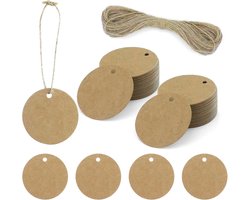 kraftpapier, 300 stuks, kraftpapier, ronde 5 cm, cadeaulabels om te beschrijven, met snoer van 20 m, hangende etiketten voor geschenkverpakking, bruiloft, handgemaakt (bruin)