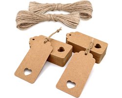 kraftpapier etiketten 9,5 x 4,5 cm, 200 stuks met jute koord, voor huwelijksgeschenken, kerstcadeaus Valentijnsdag (bruin)
