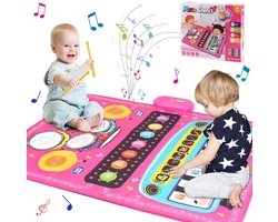 Kraftverdia - 3 in 1 Muziekmat - Kinderspeelgoed 1 2 3 Jaar - Dansmat - Pianomat - touch speelkleed - Pianoklavier & Drumset met 2 Drumstokken - Cadeau Vroeg Educatief Muzikaal Leerspeelgoed - meisjes en jongens - Babyspeelgoed - Roze