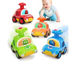 Kraftverdia - Baby auto speelgoed - Geschikt voor kinderen van 1-3 jaar - 4-delige, schattige dinosaurussenautoset met persmechanisme - Schattige kinderspeelgoedauto's - Geschikt voor jongens en meisjes van 10-12 maanden/1 jaar - Educatief speelgoed
