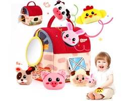 Kraftverdia®-Babyspeelgoed 6-12-18-24 maanden - Montessori speelgoed - boerderijsensorisch speelgoed - motoriek speelgoed - met zachte pluche dieren, rammelaar & spiegel - voor 1-2 jaar, zacht leer- en ontwikkelingsspeelgoed -Cadeaus voor pasgeborene