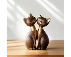 Kraftverdia Houten Kitten Paar Sculptuur Charmante 2D Platte Kat Liefhebber Cadeau Licht en Donker Houtnerf Desktop Entree Woondecoratie