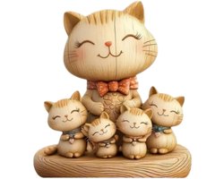 Kraftverdia Houten Schattige kattenfamilie Sculptuur Charmante 2D Platte Kat Liefhebber Cadeau Licht en Donker Houtnerf Desktop Entree Woondecoratie