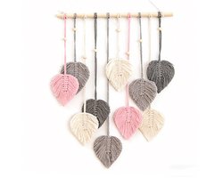 Kraftverdia Macramé Wanddecoratie Blad – 60 x 40 cm – Boho Wandhanger – Geweven Katoenen Touw Muurdecoratie voor Woonkamer en Slaapkamer – Grijs Roze