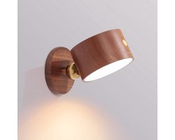 Kraftverdia Magnetische LED Wandlamp - 360° Draaibaar & Dimbaar - Oplaadbare Batterij - Hout Design - Eenvoudige Plakmontage - Ideaal voor Slaapkamer & Leeshoek Zacht 4000K Licht