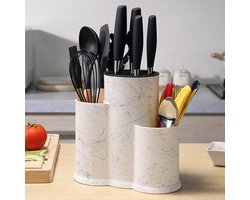 Kraftverdia™ - Messenset - Messenblok zonder Messen - 3-in-1 Messenblok Wit met Sleuven - Universele ronde messenblokhouder - Messenblok houder - Bestekhouder geschikt voor alle keukenmessen - Keuken Gereedschap