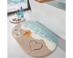 Kraftverdia® Ovale Badmat 50x80 cm - Antislip Bademat Absorberend met Zeester en Strand Motief - Cartoon Wasbare Badkamer Tapijt voor Douche, Slaapkamer, Kinderspeelgoed - Beige