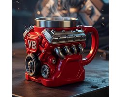 Kraftverdia® Stalen Themacup V8 Motor – RVS Koffiemok met Warmte – isolerend Handvat – Gedetailleerd 3D Motor Ontwerp – kopje – Glas – Ideaal cadeau voor autofans, monteurs en vaders – Rood