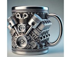 Kraftverdia Stalen Themacup V8 Motor - RVS Koffiemok met Warmte-isolerend Handvat - Gedetailleerd 3D Motor Ontwerp - kopje - glas - Ideaal cadeau voor autofans, monteurs en vaders