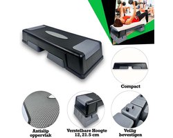KRAKEN Fitness Step - Verstelbaar Stepbankje - Aerobic Stepper Cardio Stepbank Bodypump - Anti-Slip Oppervlak - 2 Standen Hoogte 12 of 22 cm - Platform 63 x 24,5 cm - Kunststof - Max. Belasting 200 kg - Verstelbaar in 2 Hoogtes - Grijs Zwart