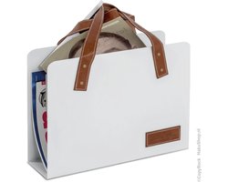 Krantenbak | Moderne lectuurbak Wit metaal met Bruin kunstleder | Tijdschriften bak wit bruin | 35x38 cm