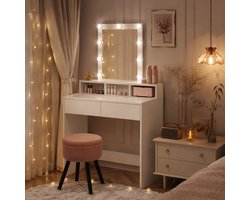 Kriaa Home® Kaptafel Hollywood Style - Luxe Make up Tafel met Spiegel en LED Verlichting 9 Bulbs - Dimbare LED- Wit