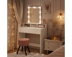 Kriaa Home® Kaptafel Hollywood Style - Luxe Make up Tafel met Spiegel en LED Verlichting 9 Bulbs - Dimbare LED- Wit