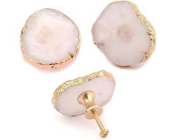 Kristal Kwarts Knoppen - Natuursteen Handgrepen - Kast Decoratie - Unieke Steen Vorm - Set van Drie - Wit Goud