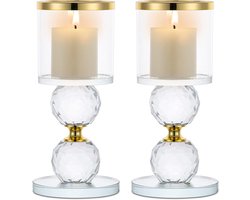 Kristalheldere Pijler Kaarshouder Set van 2, Glazen Kandelaar Houders Theelicht Kaars Stand Tafelblad Centerpieces voor Woonkamer Bruiloft Banket Schoorsteen Open Haard Decor, Goud