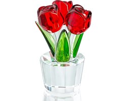 Kristallen rozen decoratie - glazen bloemenbeeldje voor woondecoratie en cadeau - rood - 5 x 5 x 8,3 cm - kristal voor bureau, kast en feestdagen